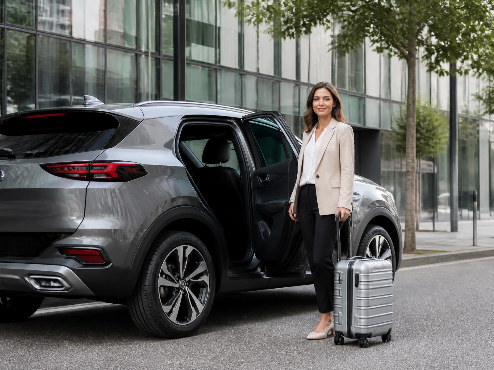 Chauffeuse privée en tenue smart casual près d'un SUV compact gris, portière arrière ouverte, dans une rue urbaine en pleine journée
