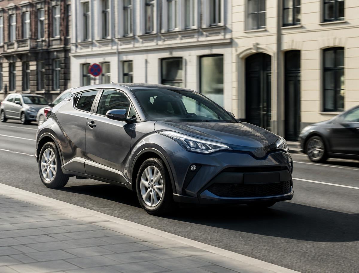 Toyota C-HR grise circulant toutes portes fermées dans une rue urbaine en pleine journée