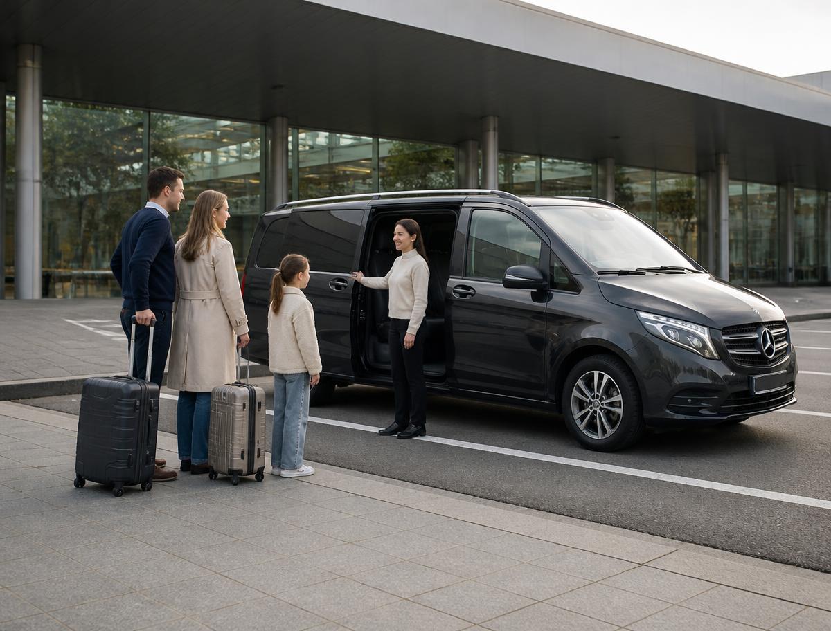 Mercedes Classe V gris foncé stationné, porte latérale ouverte, pour accueillir une famille et ses bagages